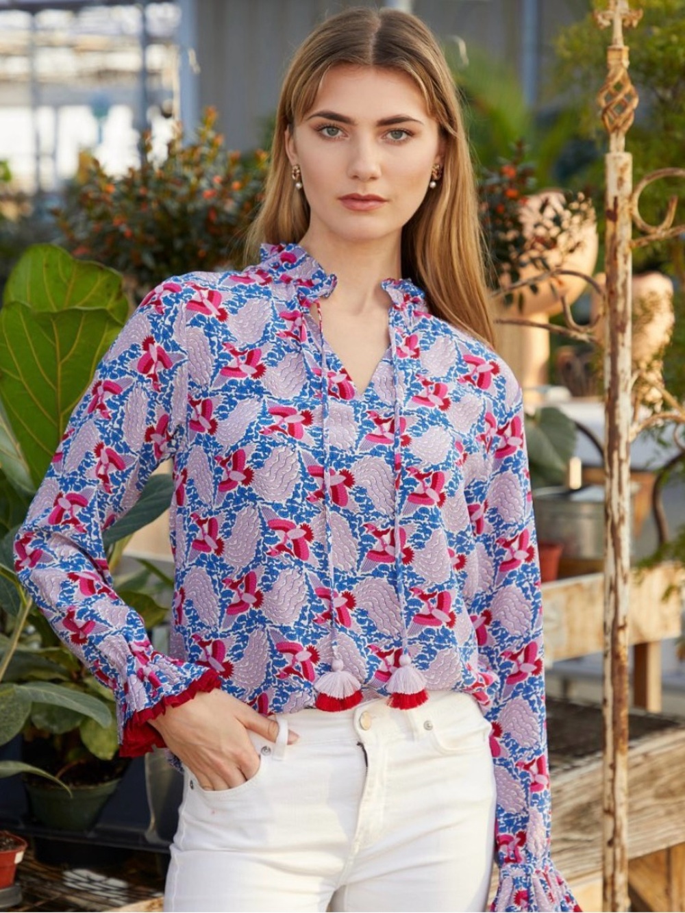 Rungolee Francesca Full Sleeve Silk Ruffle Blouse Phoenix Floral XS Boho